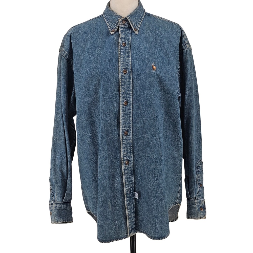 Vintage 90s Ralph Lauren The Big Shirt 6 Button Down Blue Denim Pony Western